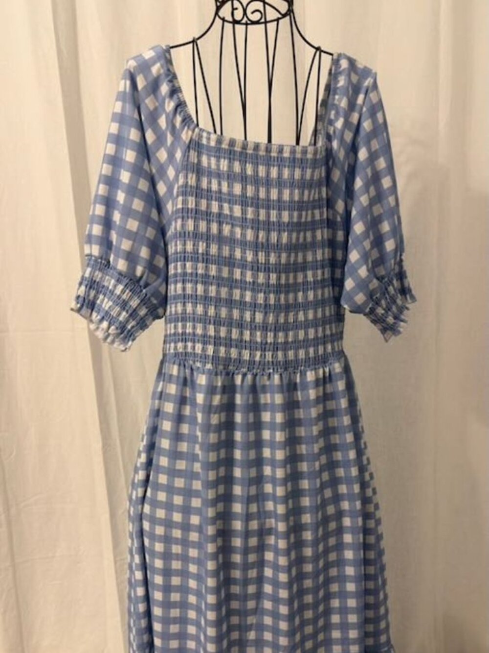 Michelle McDowell  Dress Maxi Style Checkered Smocked Bodice Short Sleeve Medium